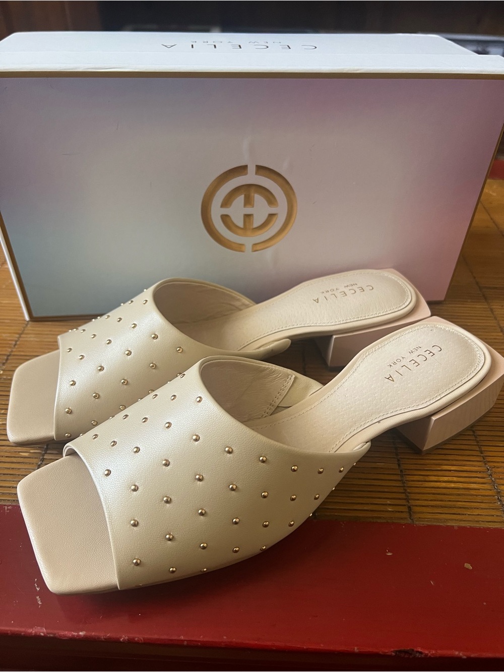 CECELIA NEW YORK Olivia Ivory Studded Low Block Heel Mules